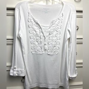 Lace bib faux Henley with 3/4 turn back sleeves